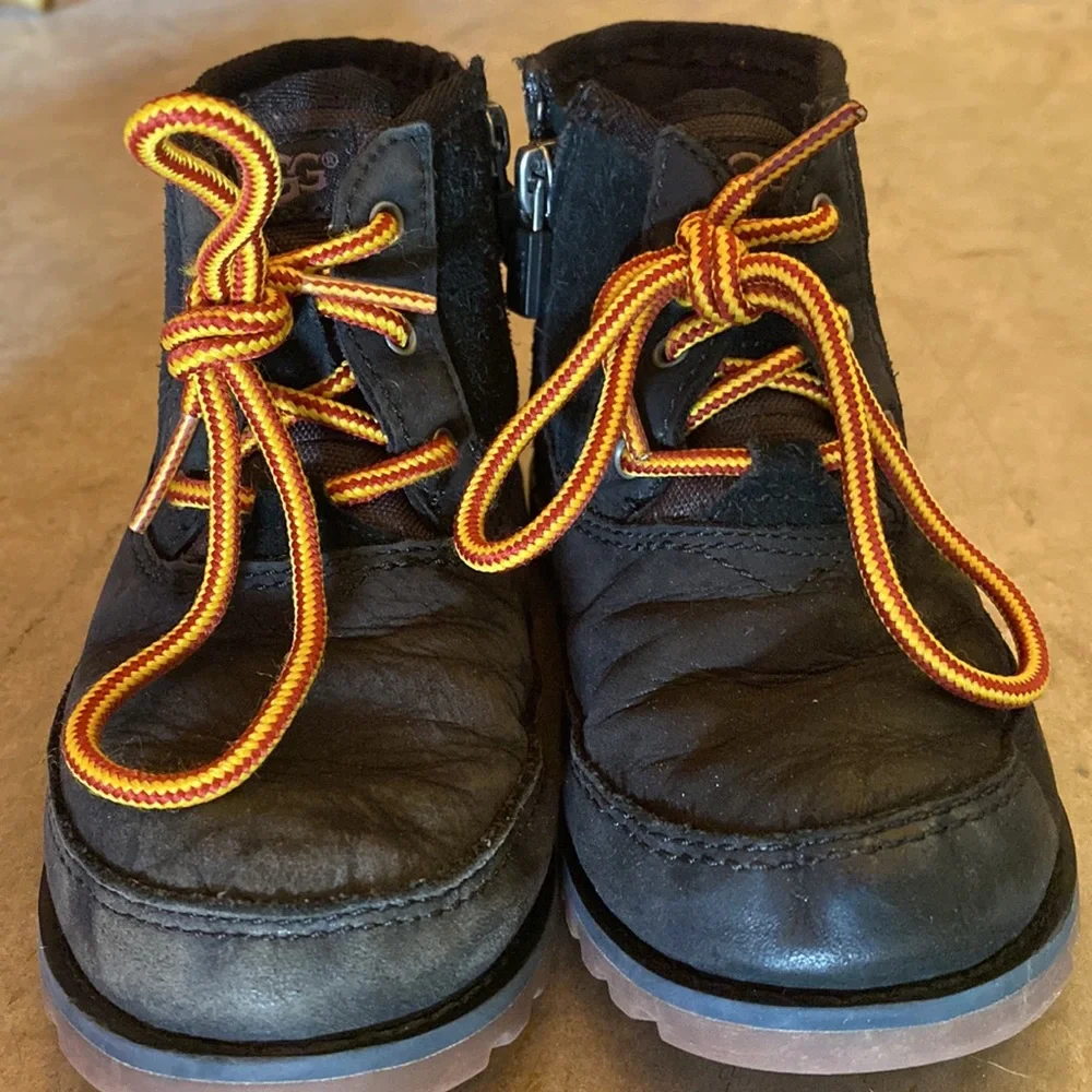 UGG Kids Black Suede & Leather Boots with Orange Laces
